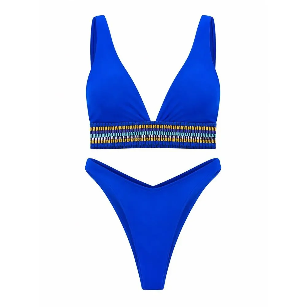 Blue V-Neck Bikini Set Size M High Cut Bottom Two Piece Swimsuit
